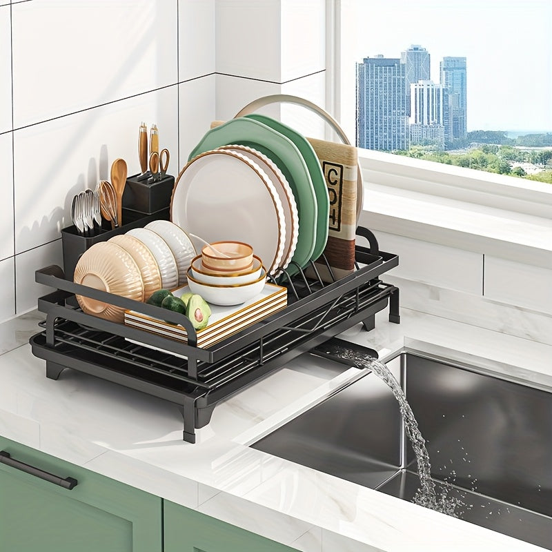 2-in-1 Expandable Rust-Resistant Metal Dish Drying Rack with Pan Slots, Utensil Holder, and Drainboard for Space-Saving Kitchen Counter and Sink Organization