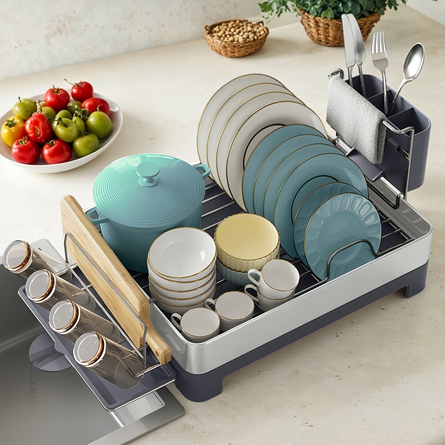 [Heavy-Duty Dish Drying Rack] Extra Large Heavy-Duty Dish Drying Rack with Rotatable Spout & Drainboard - 12.5x22.5 Inch Space-Saving Kitchen Organizer, Dish Drainer with Utensil, Cup, Glass, Cutting Board, Pan Holders - Fits Modern or Traditional