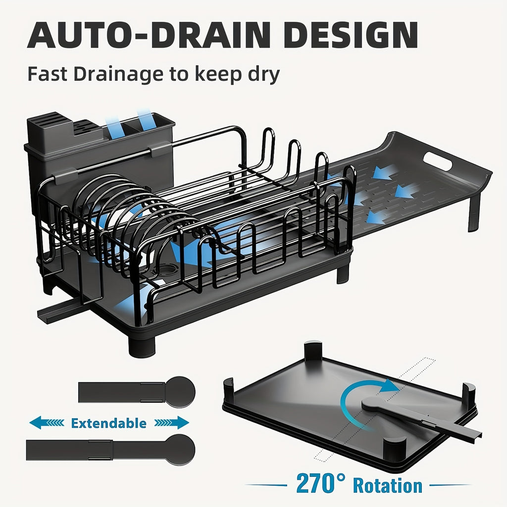 Extendable Dish Rack, Large Dish Drying Rack Multifunctional Dish Rack for Kitchen Counter, Anti-Rust Drying Dish Rack with Cutlery & Cup Holders