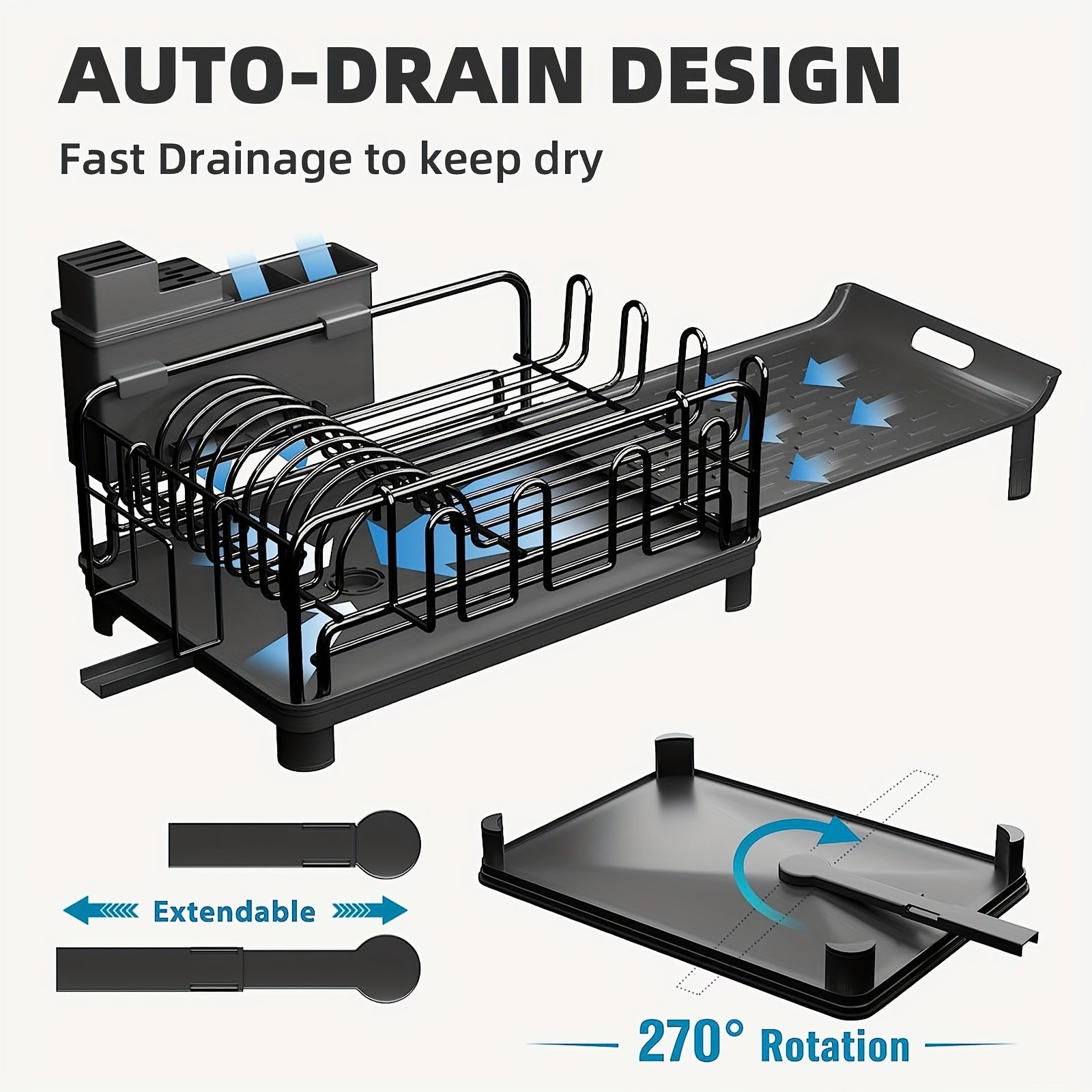 Extendable Dish Rack, Large Dish Drying Rack Multifunctional Dish Rack for Kitchen Counter, Anti-Rust Drying Dish Rack with Cutlery & Cup Holders