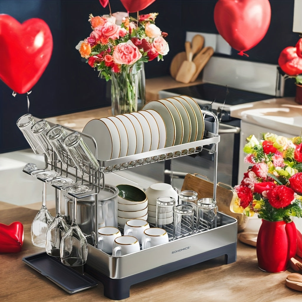 [Space-Saving Dish Rack] 2 Tier Dish Drying Rack - Space-Saving Dish Rack With Rotatable Drain Spout, Extendable Drain Spout, For Utensils, Cups, Glasses, Cutting Boards, And Easy To Assemble, New Year Gift, Valentine's Day Gift