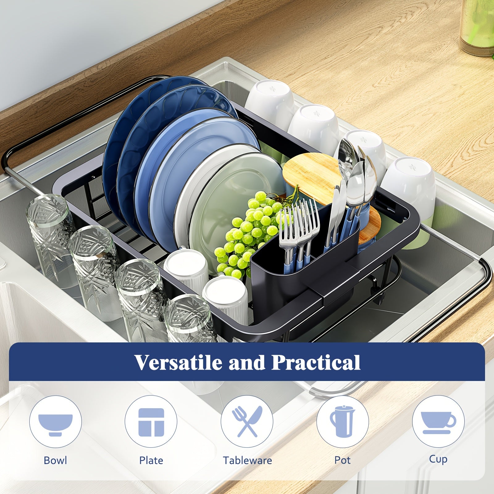 KINGRACK Expandable Dish Rack with Utensil Holder, Adjustable Over-the-Sink or Countertop Design, Rustproof Metal Kitchen Organizer for Plates, Cups & Utensils, Food-Safe, Perfect for Holidays & Everyday Use, Countertop Dish Rack | Sleek Dish Holder |