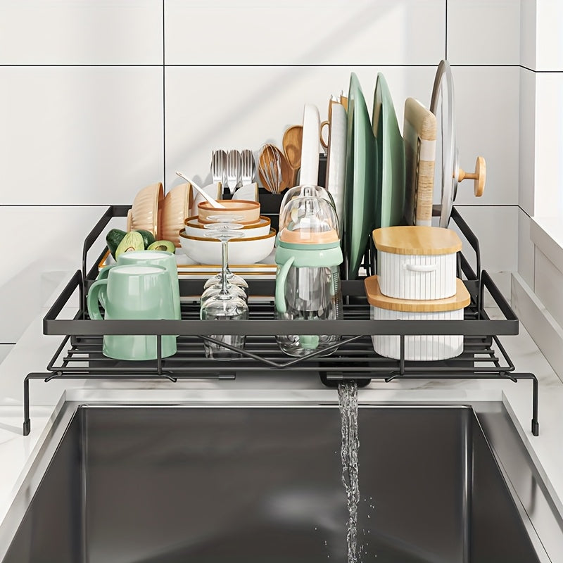2-in-1 Expandable Rust-Resistant Metal Dish Drying Rack with Pan Slots, Utensil Holder, and Drainboard for Space-Saving Kitchen Counter and Sink Organization