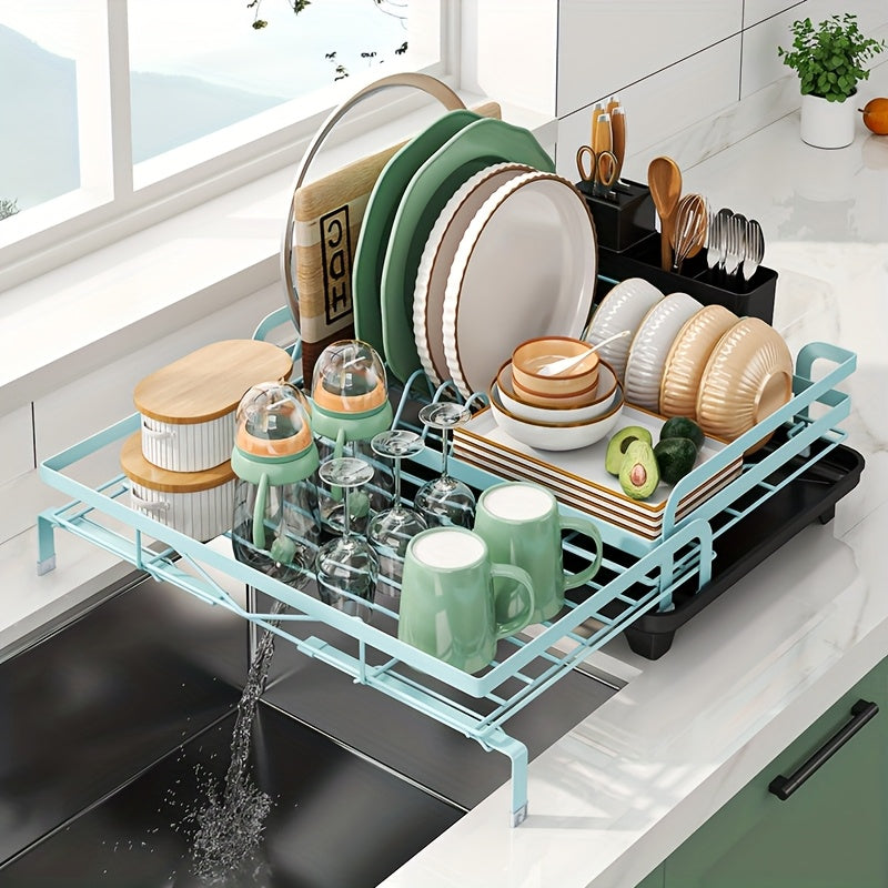 2-in-1 Expandable Rust-Resistant Metal Dish Drying Rack with Pan Slots, Utensil Holder, and Drainboard for Space-Saving Kitchen Counter and Sink Organization