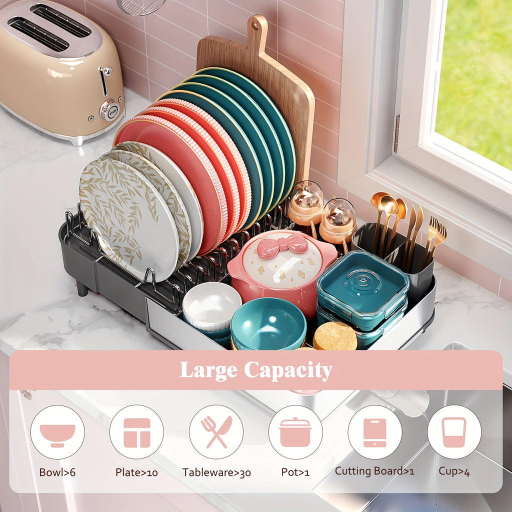 KINGRACK Extendable Dish Drying Rack, Stainless Steel Dish Rack with Dual Parts, Dish Rack for Kitchen Counter, Movable Utensil Drainer & Adjustable Drainage Spout