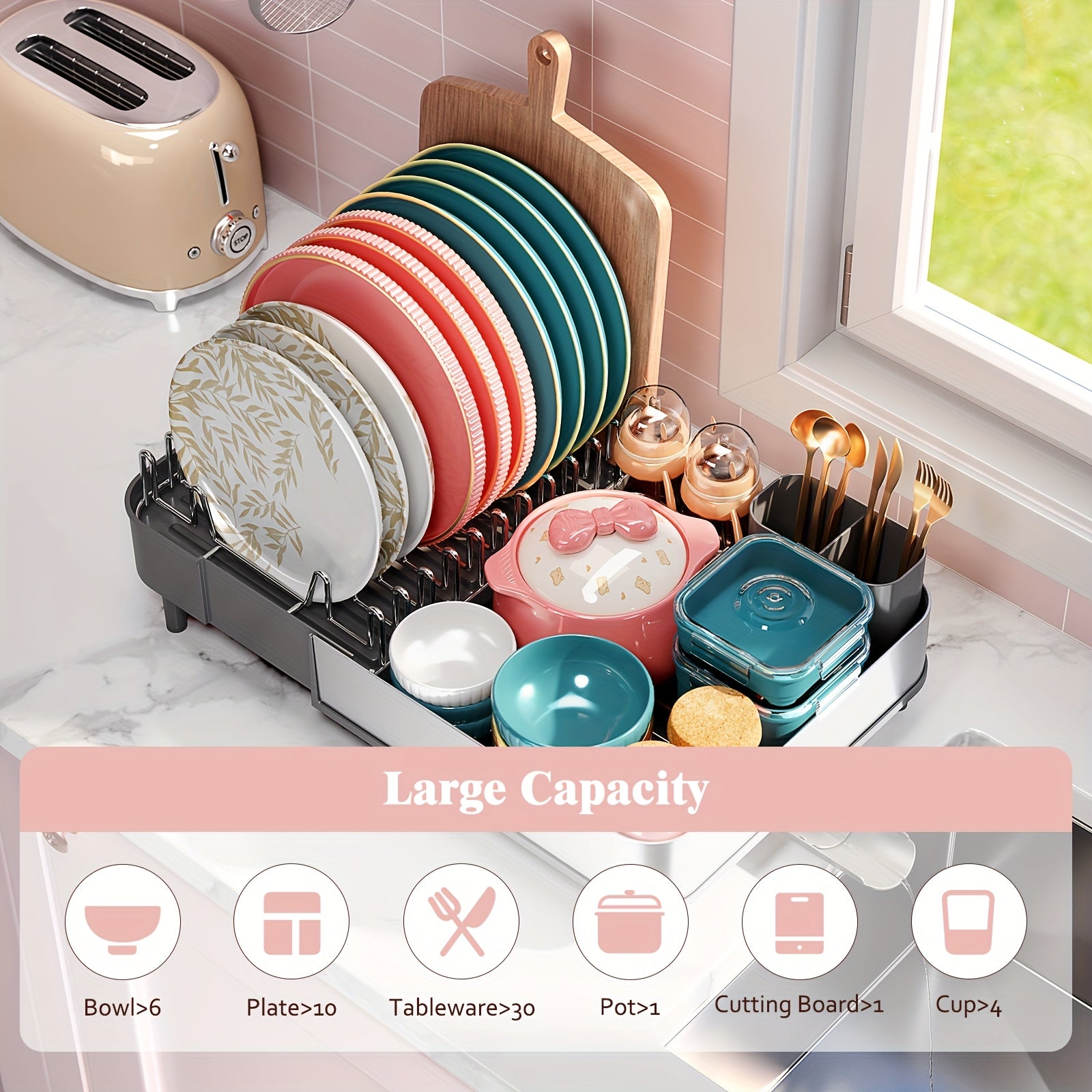 KINGRACK Extendable Dish Drying Rack, Stainless Steel Dish Rack with Dual Parts, Dish Rack for Kitchen Counter, Movable Utensil Drainer & Adjustable Drainage Spout