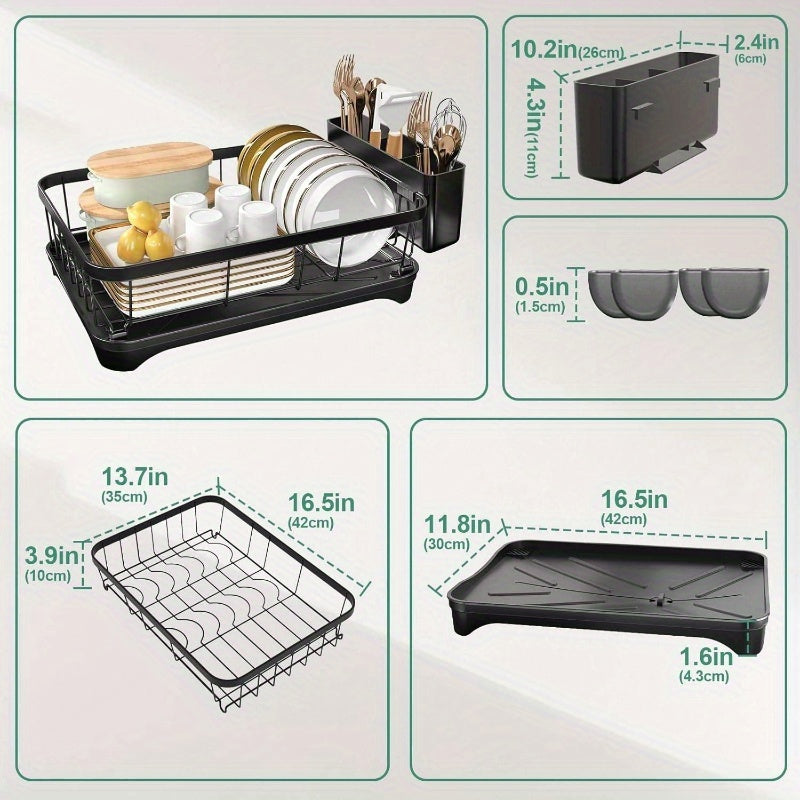 Large Capacity Single Tier Dish Drying Rack with Utensil Holder & Cutlery Tray - Space-Saving Countertop Organizer, Durable Black Kitchen Counter Dish Drainer for Plates, Bowls, Cups, Utensils - Compact Design for Small Kitchens, Dish Drying Rack for