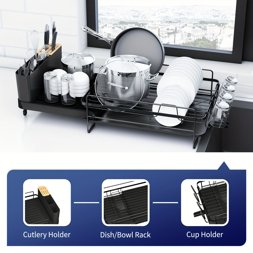 Adjustable Extendable Shelves Dish Drying Rack 19.2''-26.7'' | Stainless Steel Rustproof & Fingerprint-Free Design, Anti-Slip Silicone Caps + Cutlery/Cup Shelves, Countertop Drainboard For Kitchenware Organization