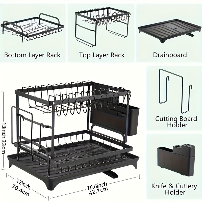 Heavy-Duty Space-Saving Dish Drying Rack - Two-Tier Kitchen Organizer with Draining Board, Sturdy Metal Construction for Plates, Bowls, Cups, Utensils - Compact Countertop Dish Rack for Home & Commercial Kitchens, Sleek Modern Design, Efficient Storage