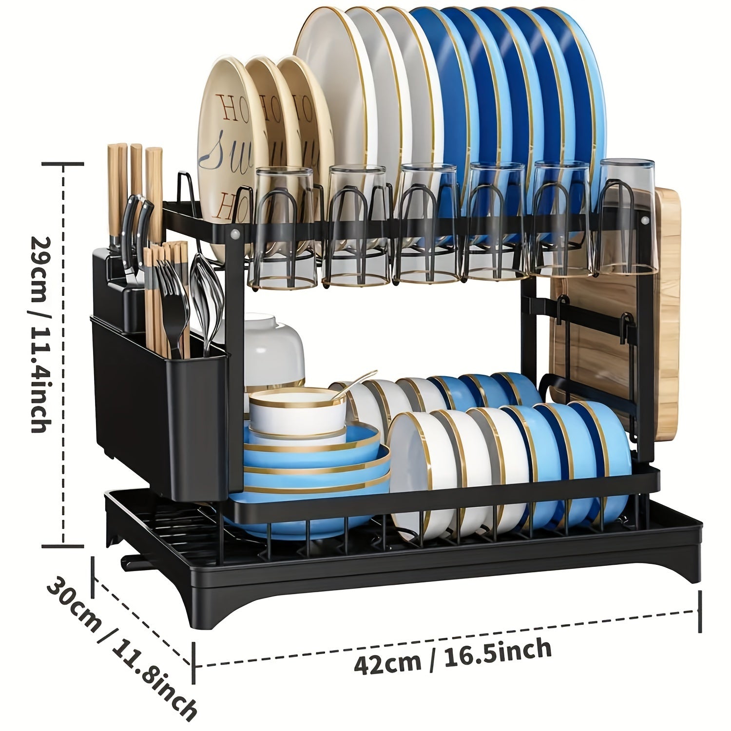 2 Layers Dish Drain Rack For Kitchen Countertop - Golden Type Dish Drain Rack With Knife Cup & Cutlery Rack - Stainless Steel - Suitable for Kitchen Organization & Retail Display - Perfect Gift for Housewarming