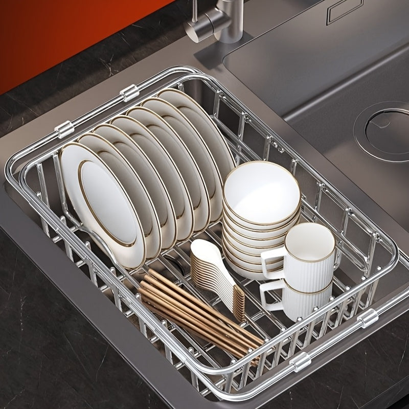 Stainless Steel Adjustable Sink Draining Basket Extensible Drainer Rack For Kitchen Sinks, Dish And Utensil Organizer For Dishwashing, A Must Have For Every Home Kitchen