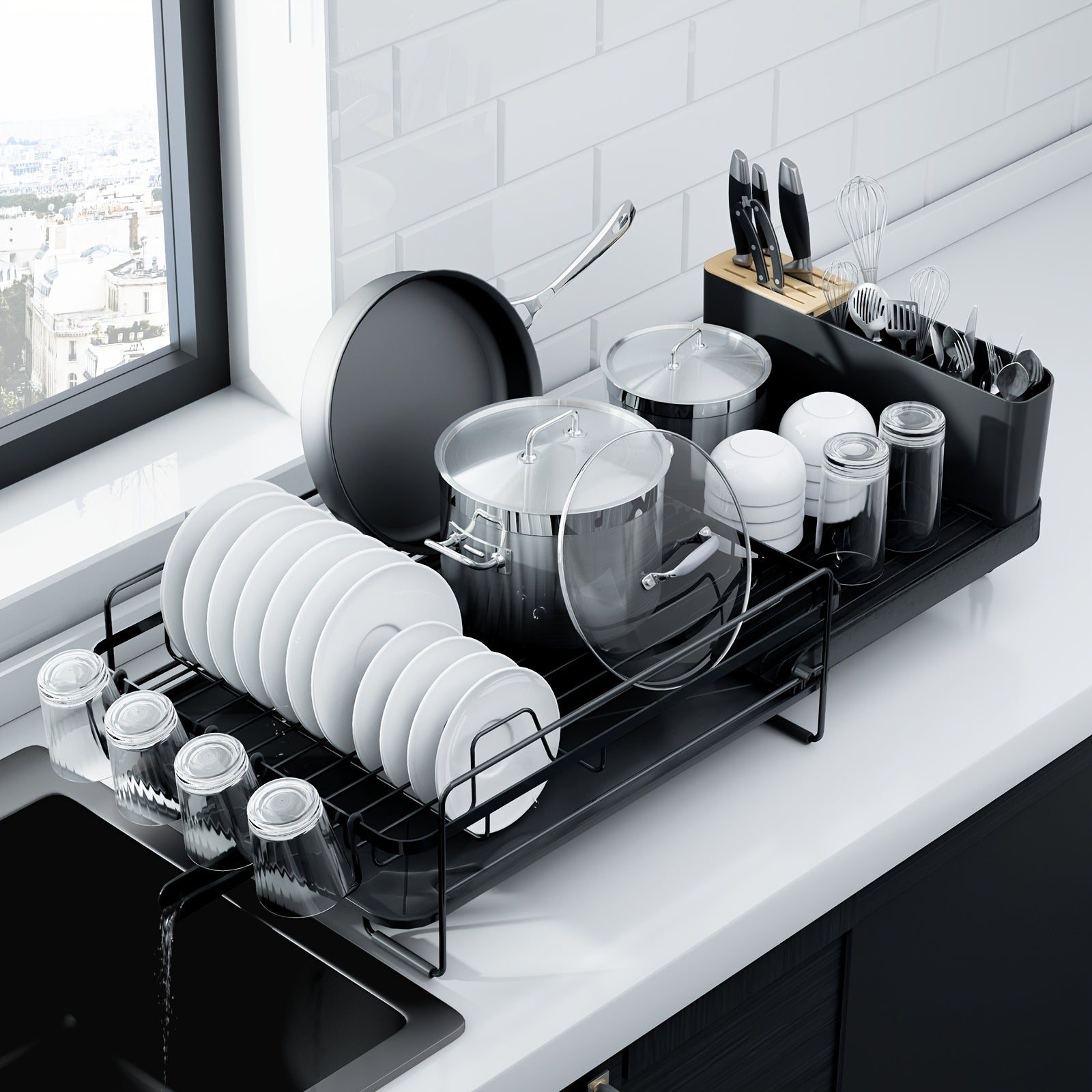 Adjustable Extendable Shelves Dish Drying Rack 19.2''-26.7'' | Stainless Steel Rustproof & Fingerprint-Free Design, Anti-Slip Silicone Caps + Cutlery/Cup Shelves, Countertop Drainboard For Kitchenware Organization