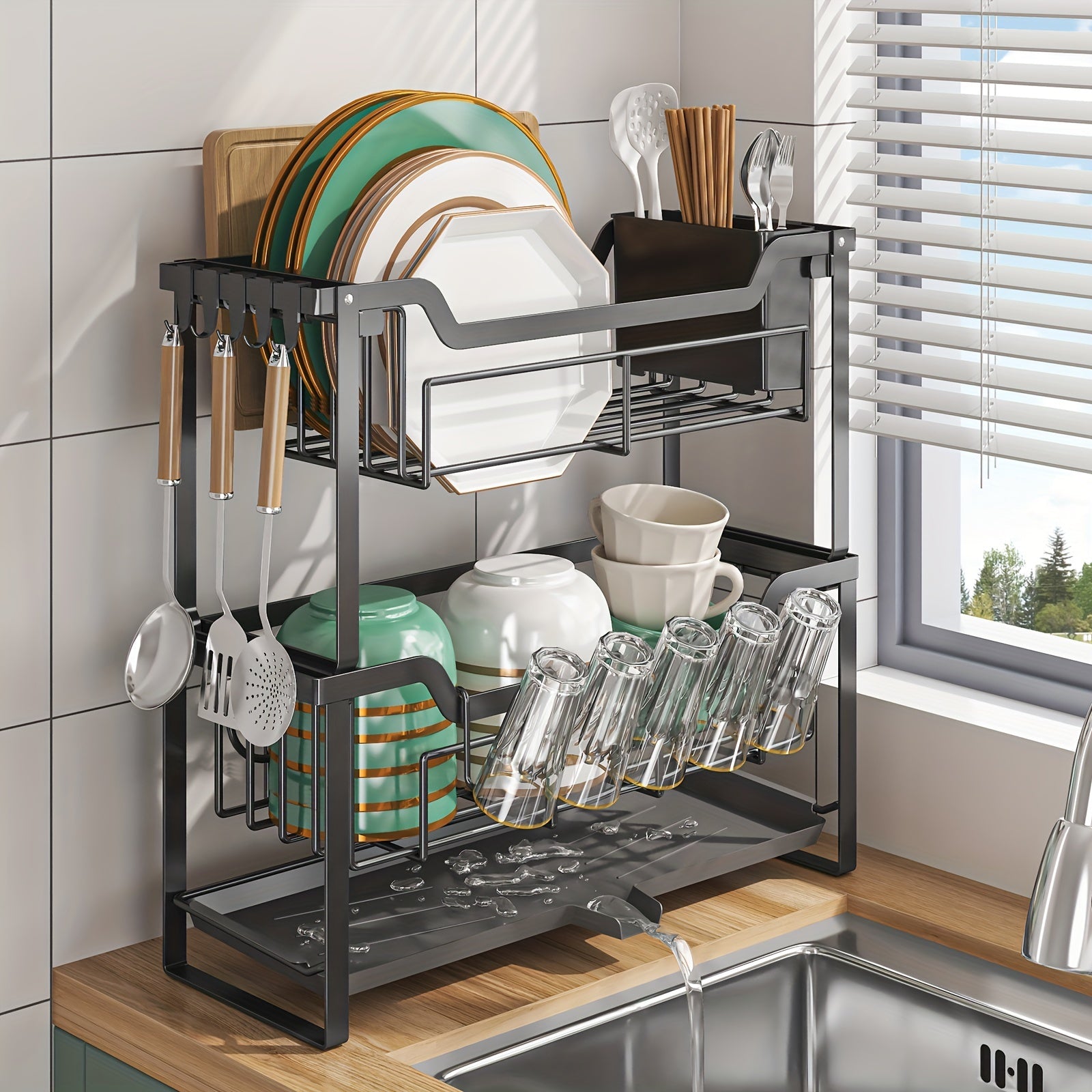 Space-Saving Dish Rack with Drain Tray, Hooks & Utensil Holders - Multifunctional Kitchen Organizer for Dishes, Cups, Knives, Forks & Chopsticks