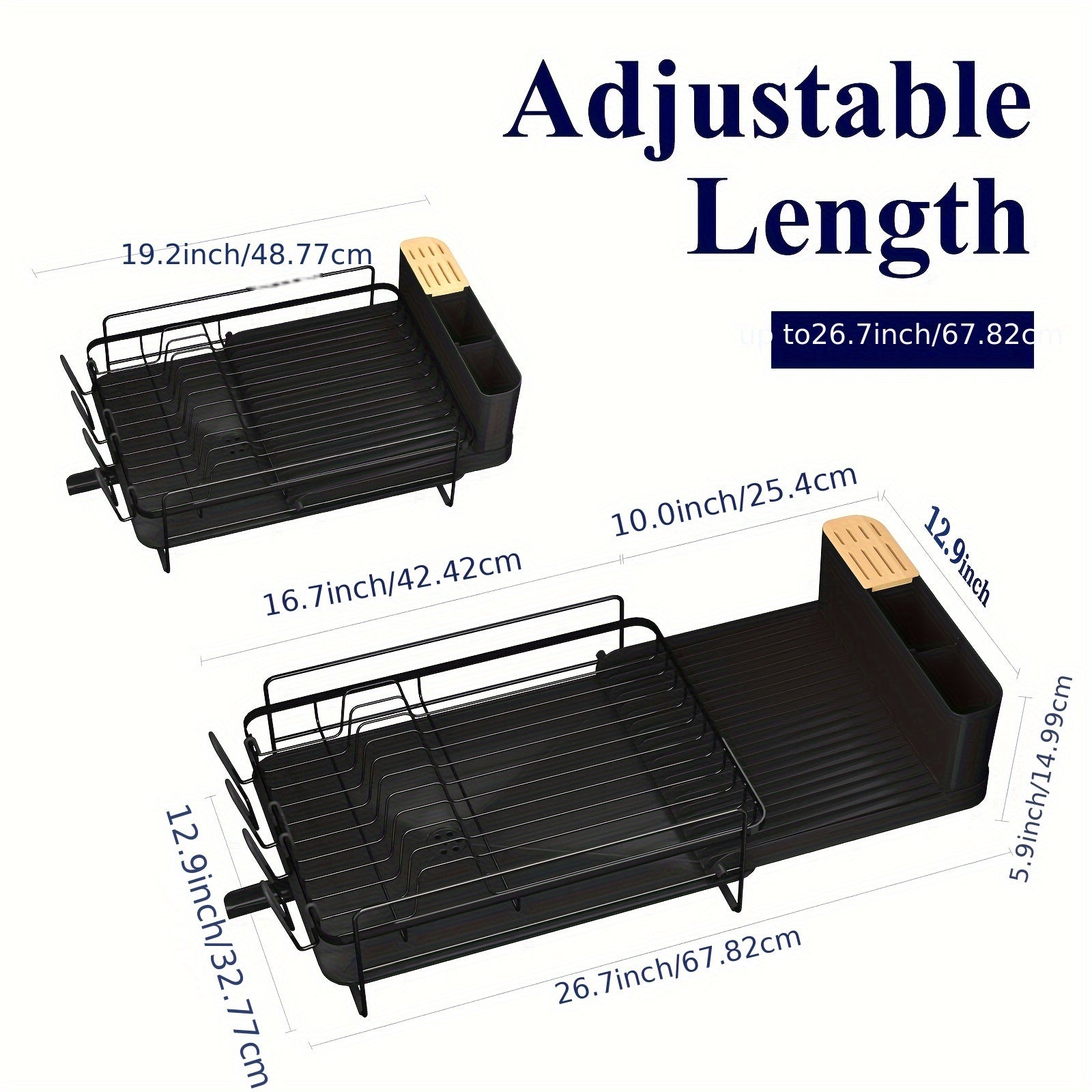 Adjustable Extendable Shelves Dish Drying Rack 19.2''-26.7'' | Stainless Steel Rustproof & Fingerprint-Free Design, Anti-Slip Silicone Caps + Cutlery/Cup Shelves, Countertop Drainboard For Kitchenware Organization