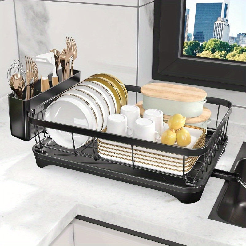 Large Capacity Single Tier Dish Drying Rack with Utensil Holder & Cutlery Tray - Space-Saving Countertop Organizer, Durable Black Kitchen Counter Dish Drainer for Plates, Bowls, Cups, Utensils - Compact Design for Small Kitchens, Dish Drying Rack for