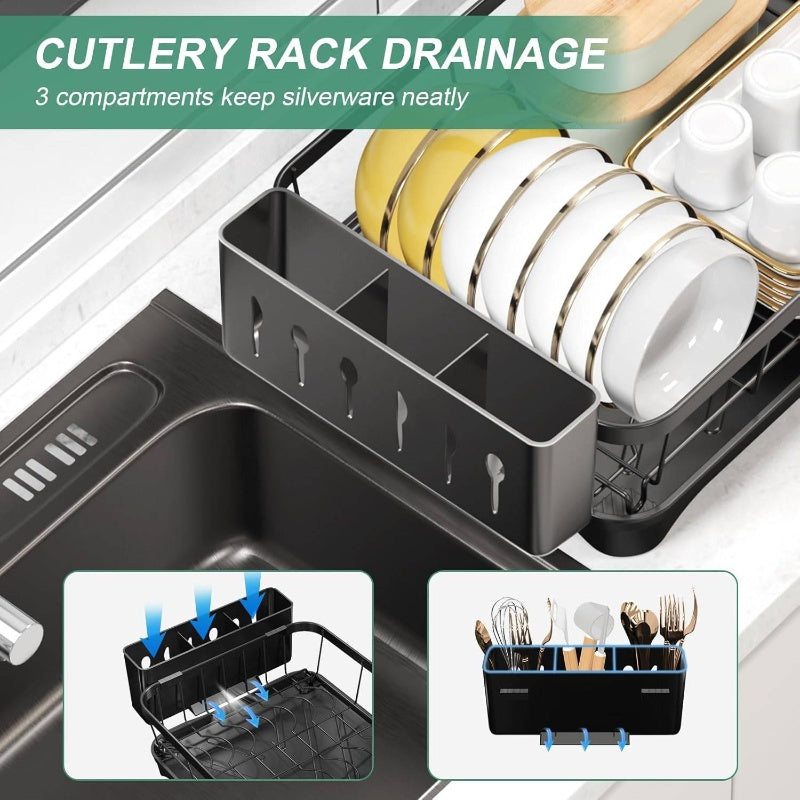 Large Capacity Single Tier Dish Drying Rack with Utensil Holder & Cutlery Tray - Space-Saving Countertop Organizer, Durable Black Kitchen Counter Dish Drainer for Plates, Bowls, Cups, Utensils - Compact Design for Small Kitchens, Dish Drying Rack for