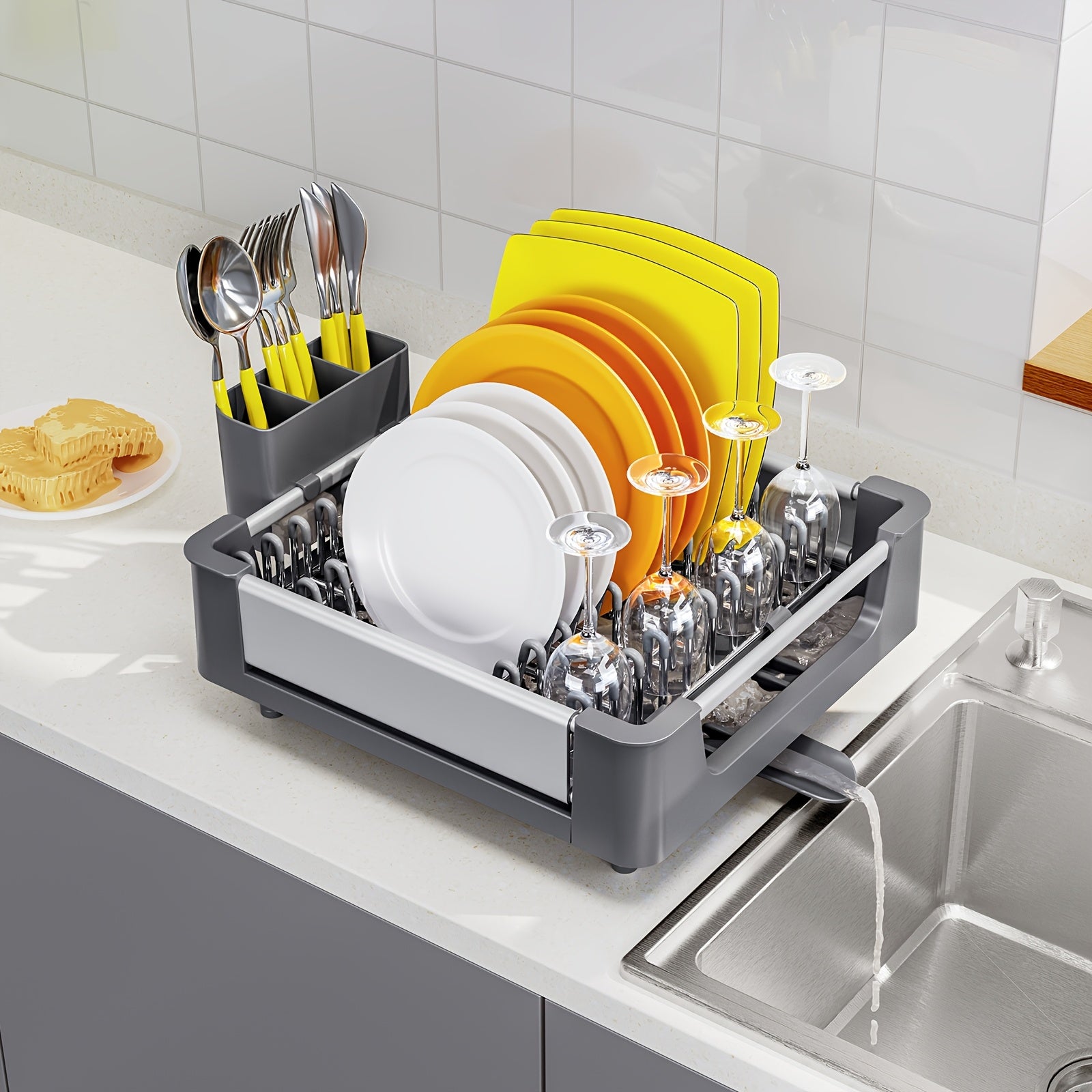 [Expandable Dish Rack] KINGRACK Expandable Foldable Dish Drying Rack | Adjustable Space-Saving Aluminum Kitchen Organizer, Compact Storage, Grey, Sleek Modern Design | Efficient Water Drainage