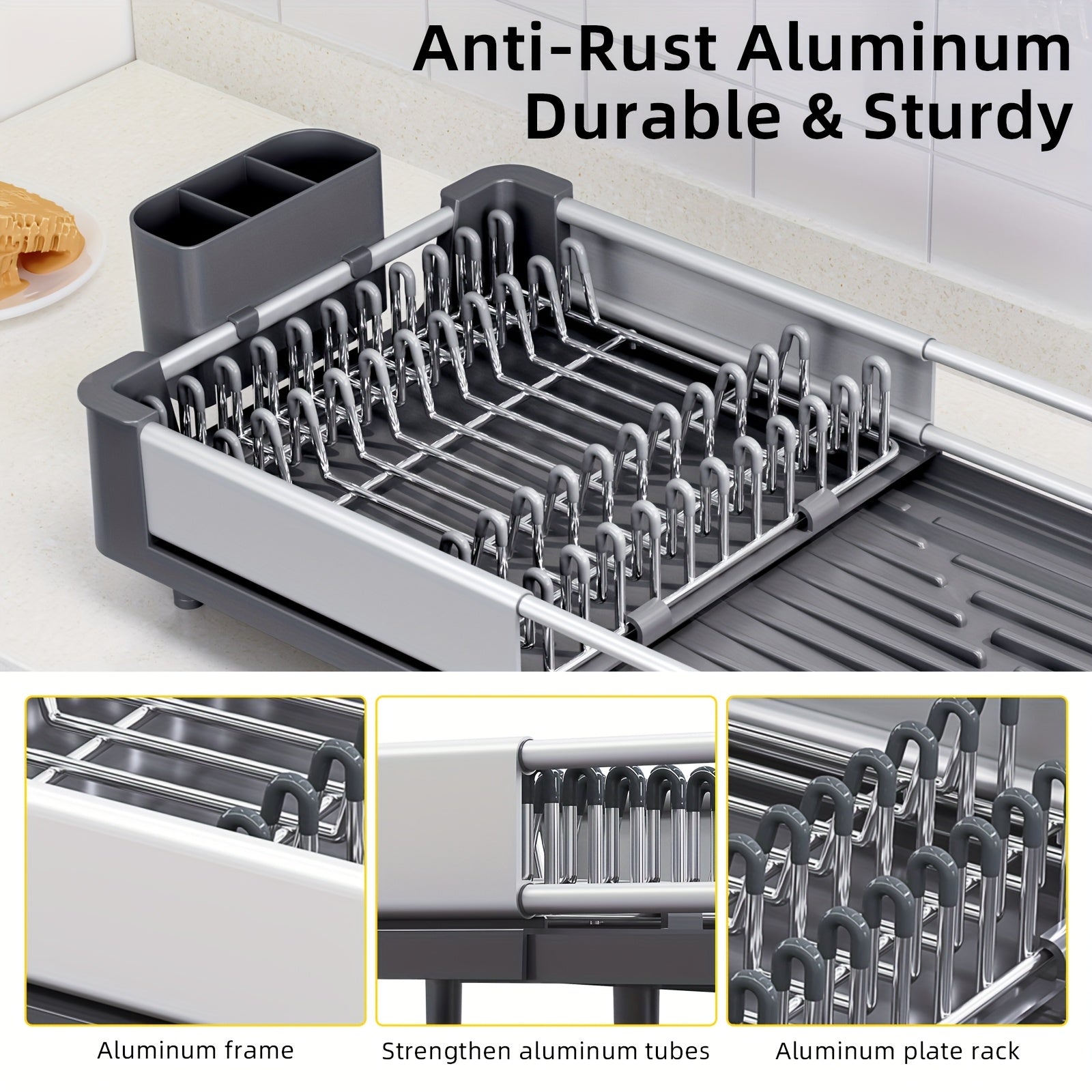 [Expandable Dish Rack] KINGRACK Expandable Foldable Dish Drying Rack | Adjustable Space-Saving Aluminum Kitchen Organizer, Compact Storage, Grey, Sleek Modern Design | Efficient Water Drainage