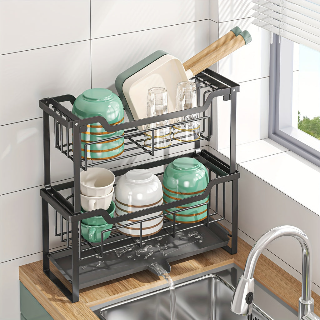 Space-Saving Dish Rack with Drain Tray, Hooks & Utensil Holders - Multifunctional Kitchen Organizer for Dishes, Cups, Knives, Forks & Chopsticks