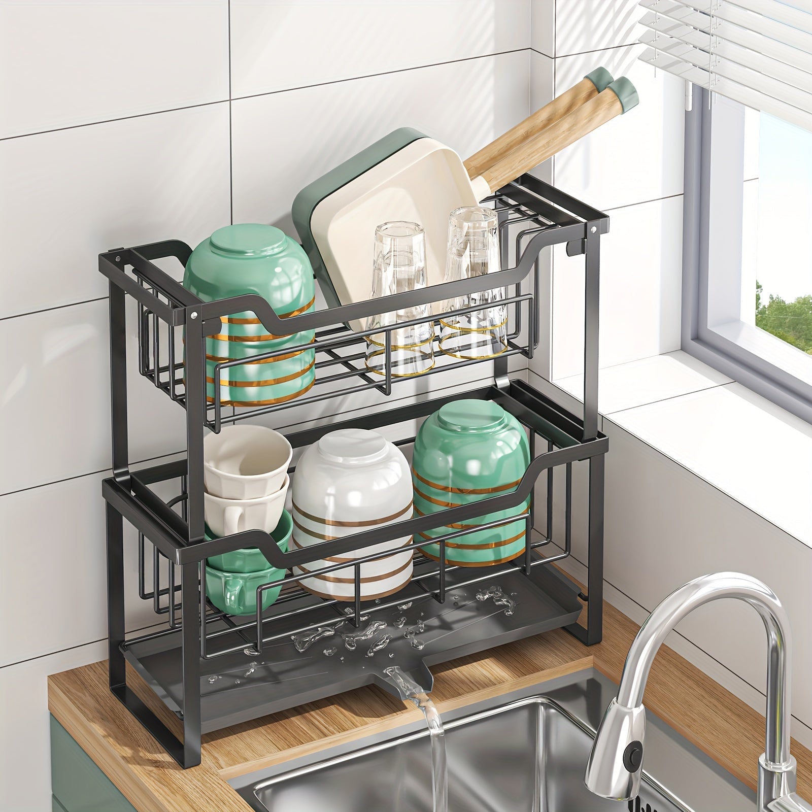 Space-Saving Dish Rack with Drain Tray, Hooks & Utensil Holders - Multifunctional Kitchen Organizer for Dishes, Cups, Knives, Forks & Chopsticks