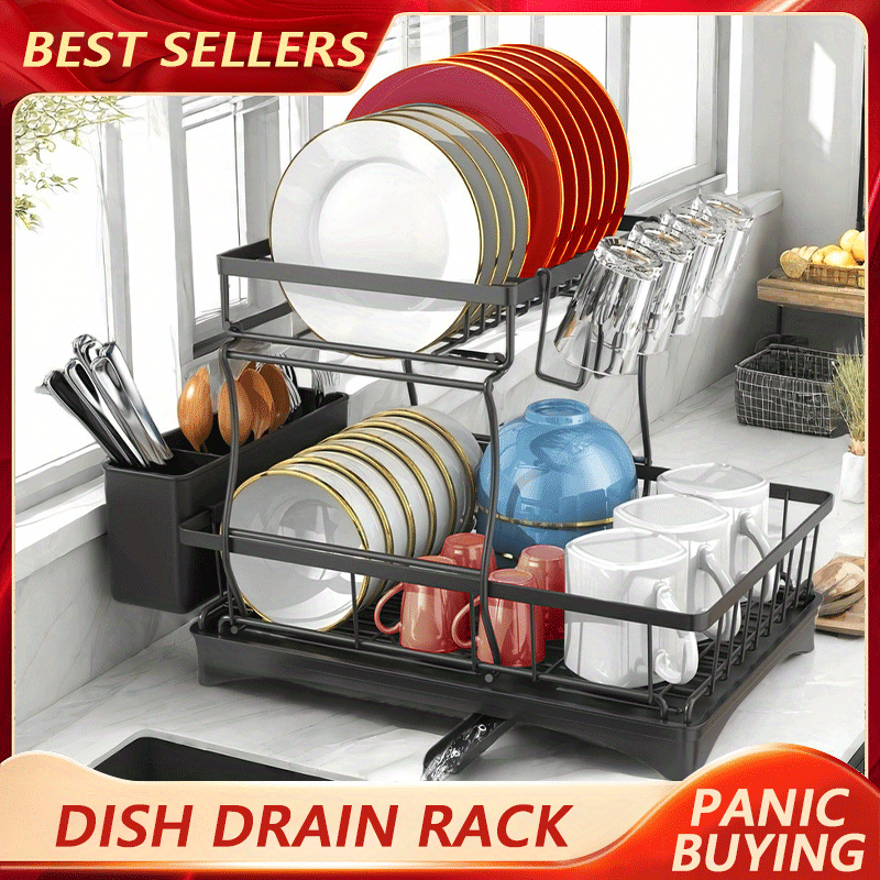 Double Dish Rack for Double Countertops Is Here! It Has a Unique 360° Drainage Function, Tableware Can Dry Quickly. The Drain Tray with The Cutlery Rack And 4 Cup Holders Is Placed Directly Above The Sink, Whether It Is a Dish Or a Cup, It Can Easily