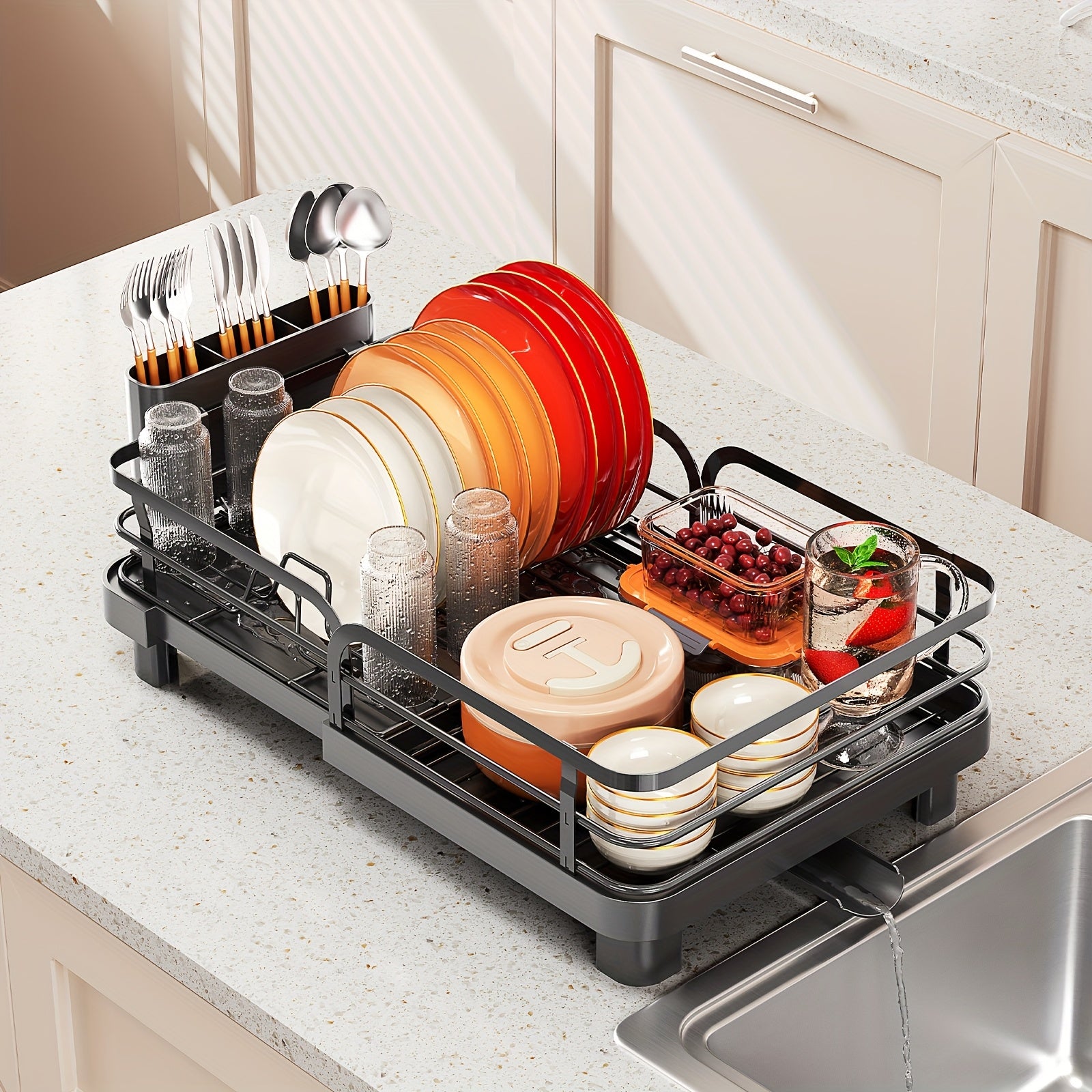 KINGRACK Expandable Dish Drying Rack, Extendable Dish Rack with Spout, Collapsible Dish Dryer Black, Large Dish Drainer for Kitchen Counter, Foldable Dish Drainer Drying Rack with Cutlery Holder