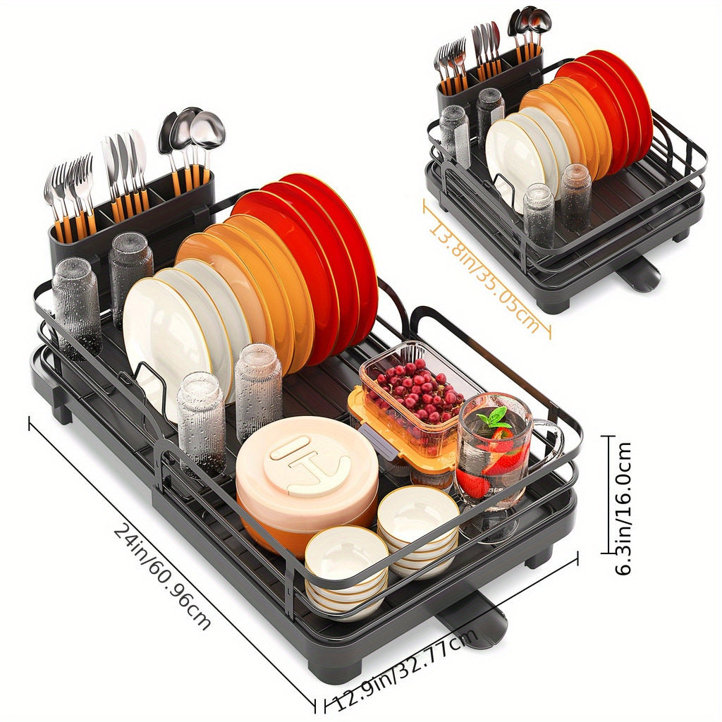KINGRACK Expandable Dish Drying Rack, Extendable Dish Rack with Spout, Collapsible Dish Dryer Black, Large Dish Drainer for Kitchen Counter, Foldable Dish Drainer Drying Rack with Cutlery Holder