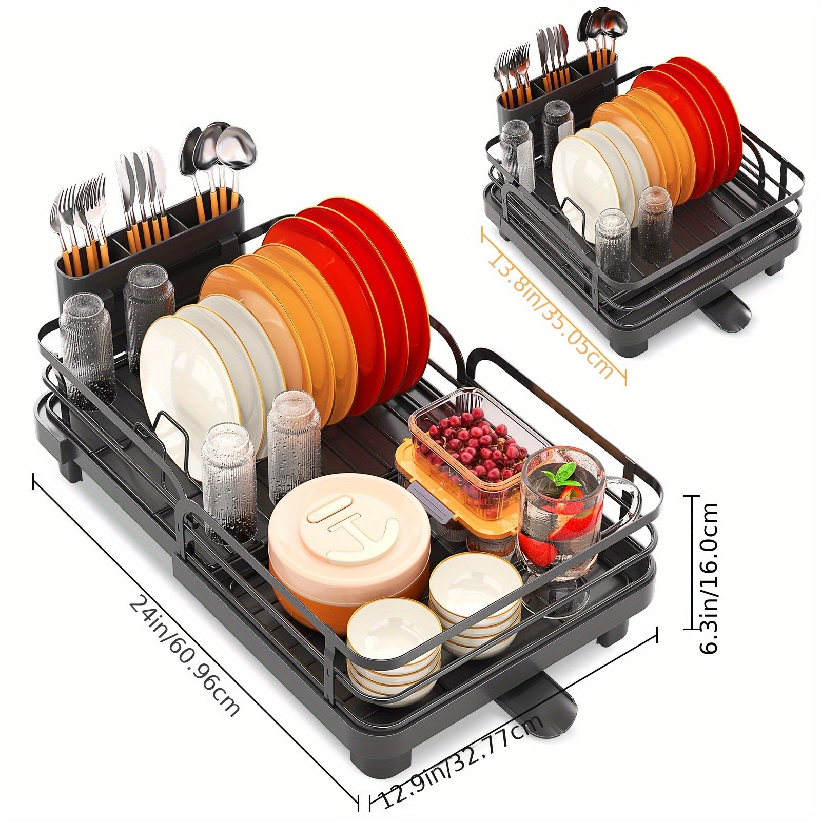 KINGRACK Expandable Dish Drying Rack, Extendable Dish Rack with Spout, Collapsible Dish Dryer Black, Large Dish Drainer for Kitchen Counter, Foldable Dish Drainer Drying Rack with Cutlery Holder