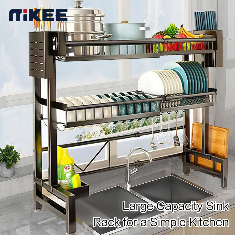 MIKEE Adjustable Over The Sink Dish Drying Rack - 2-Tier Space-Saving Kitchen Organizer with Multifunctional Baskets, Durable Plastic & Carbon Steel Construction, Black, Over Sink Storage | Sleek Black Rack | Innovative Design