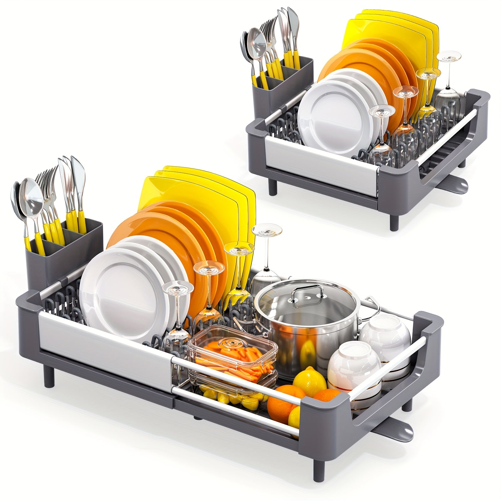 [Expandable Dish Rack] KINGRACK Expandable Foldable Dish Drying Rack | Adjustable Space-Saving Aluminum Kitchen Organizer, Compact Storage, Grey, Sleek Modern Design | Efficient Water Drainage