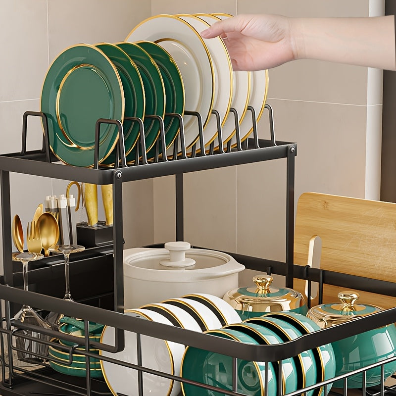 2Tier Large Dish Drying Rack - Rotatable Drain Spout Dish Rack With Drainboard, Utensil Holder, Chopstick Holder Multifunctional Dish Rack For Kitchen Counter