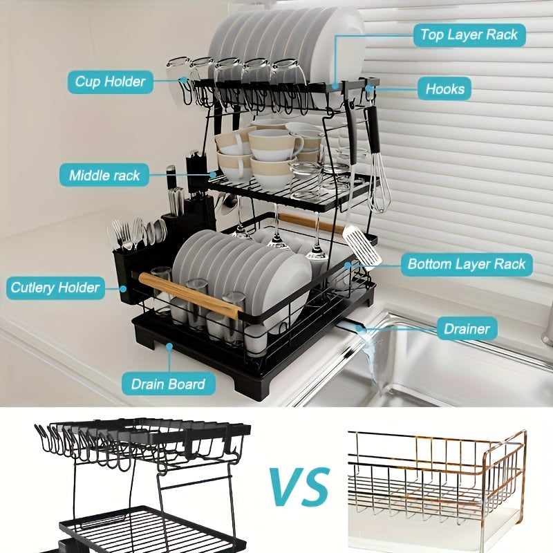2/3-Tier Large Dish Drying Rack with Drainboard - Heavy-Duty Iron Kitchen Organizer for Dishes, Utensils, Cups & Knives - Space-Saving Countertop Storage with Lower Compartment & Ergonomic Design