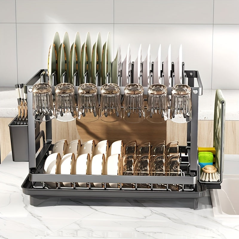 Large Capacity Double-Layer Dish Drying Rack - Carbon Steel Kitchen Organizer with Towel & Cup Holders, Space-Saving Countertop Storage for Plates, Bowls, Glasses & Utensils, Dish Drying Rack for Kitchen Counter, Compact Design, Durable Construction,