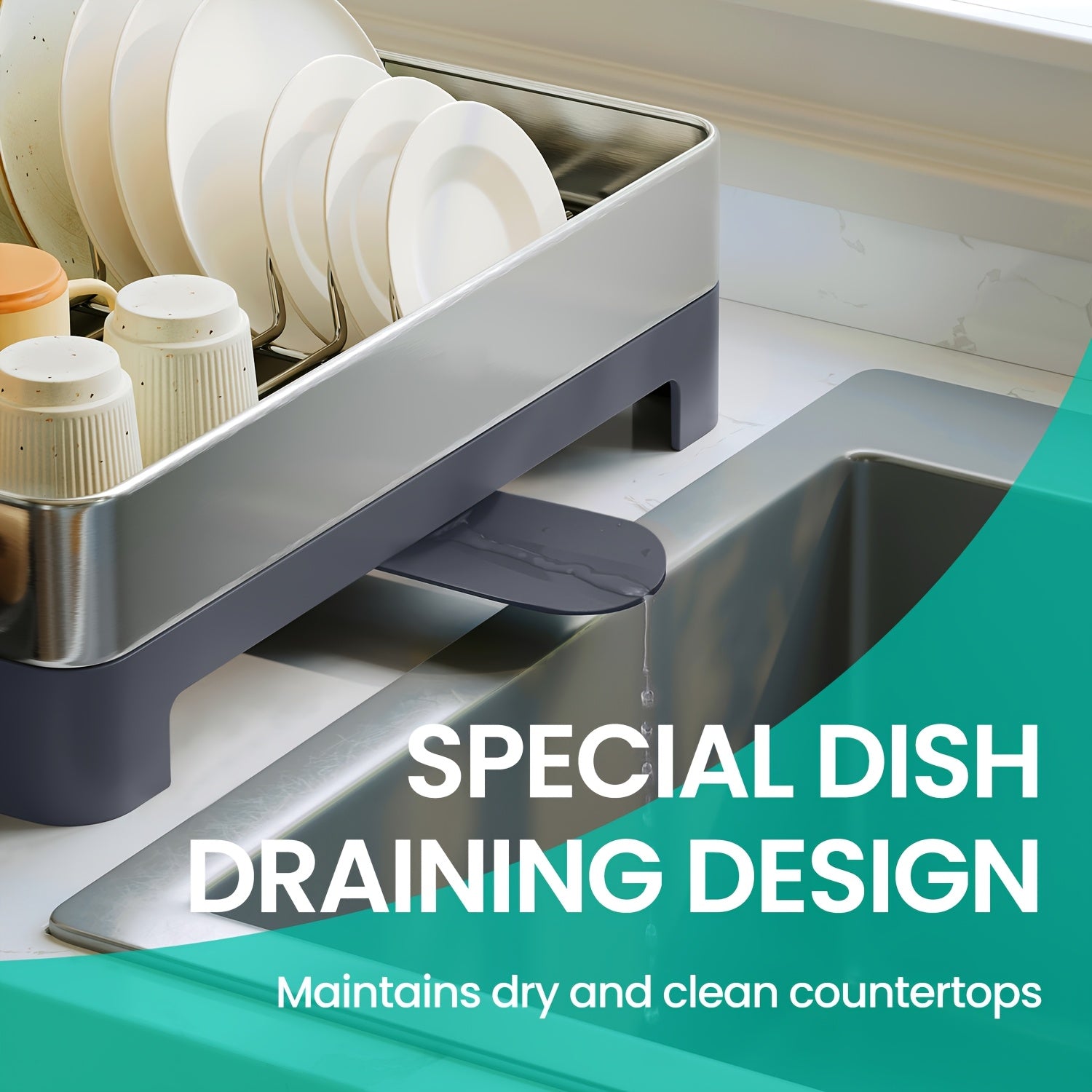 [Stainless Steel Dish Rack] Stainless Steel Dish Drying Rack, 12.5 X 22.5in | Gray, Black, Fingerprint-Resistant, Rotatable Spout, Drainboard, Utensil, Cup, Glass, Cutting Board, Pan Holders