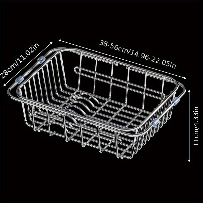 Stainless Steel Adjustable Sink Draining Basket Extensible Drainer Rack For Kitchen Sinks, Dish And Utensil Organizer For Dishwashing, A Must Have For Every Home Kitchen