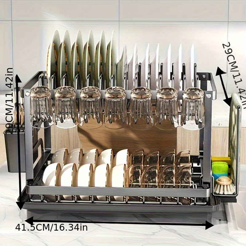 Large Capacity Double-Layer Dish Drying Rack - Carbon Steel Kitchen Organizer with Towel & Cup Holders, Space-Saving Countertop Storage for Plates, Bowls, Glasses & Utensils, Dish Drying Rack for Kitchen Counter, Compact Design, Durable Construction,