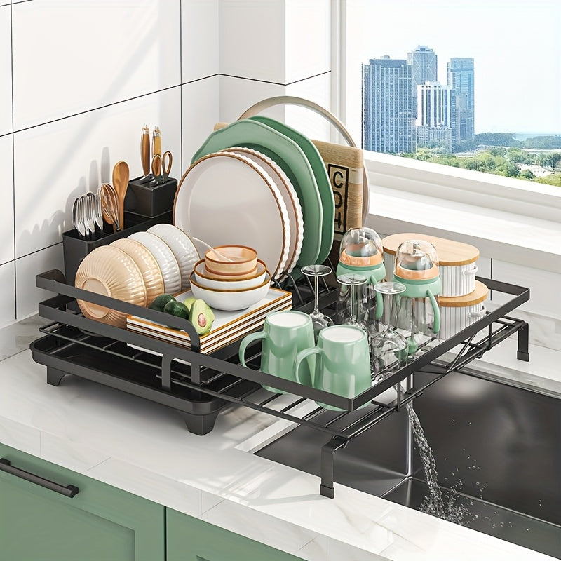 2-in-1 Expandable Rust-Resistant Metal Dish Drying Rack with Pan Slots, Utensil Holder, and Drainboard for Space-Saving Kitchen Counter and Sink Organization