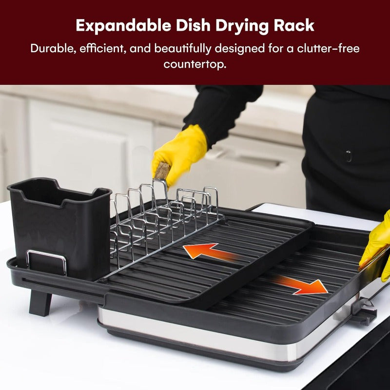 Heavy-Duty Expandable Dish Drying Rack - Space-Saving Adjustable Kitchen Organizer, Extra-Wide Dish Rack (Expands from 11.8" to 20" Wide), Rust-Resistant Aluminum Countertop Rack for Plates, Pots, Utensils - Compact Storage, Black, Kitchen Dish Drying