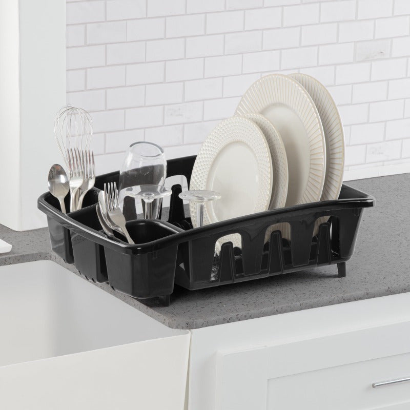 All-in-One Dish Rack and Drainboard with Inclined Base - Heavy-Duty Black Space-Saving Dish Drying Rack with 10 Plate Holders, 8 Cup Holders & Utensil Rack, Elevated Feet for Sink, Compact Design for Small Kitchens, Dishwasher-Safe & Easy Assembly, Angled