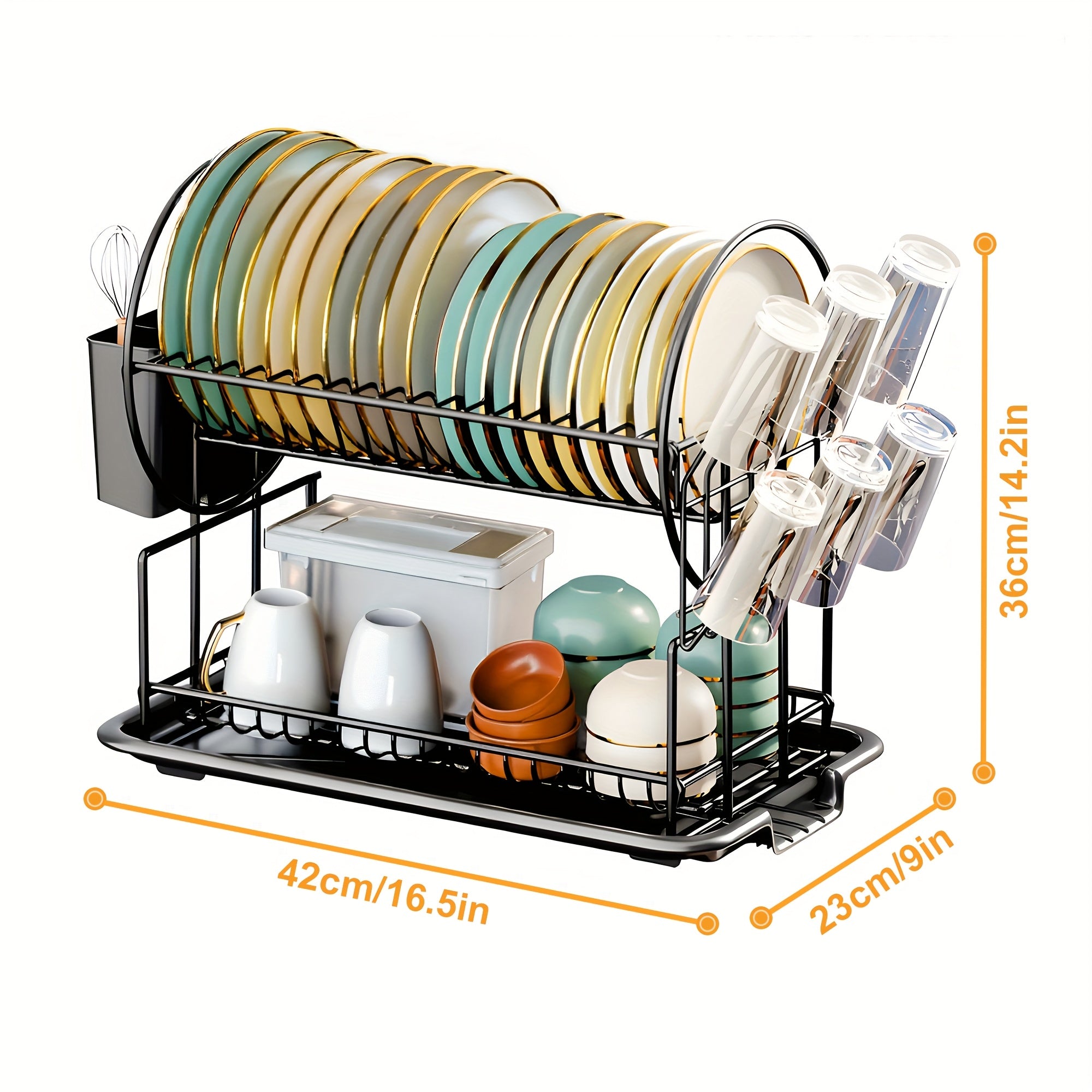 1pc Dish Drying Rack 2 Tier, Black Dish Rack With DrainBoard For Kitchen Countertop, Dish Drainer With Utensil Holder And Cup Holder | Space Saving | Roud Shape Decorate | Black