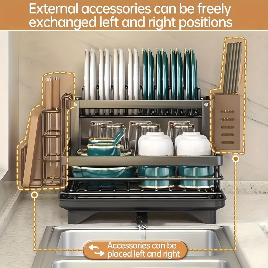 Deluxe 2-Tier Metal Dish Drying Rack - Freestanding Kitchen Rack with Automatic Water Drainage, Bowl and Chopstick Holder, Knife Slot, Board Stand - Rustproof, High Capacity, Easy Cleaning