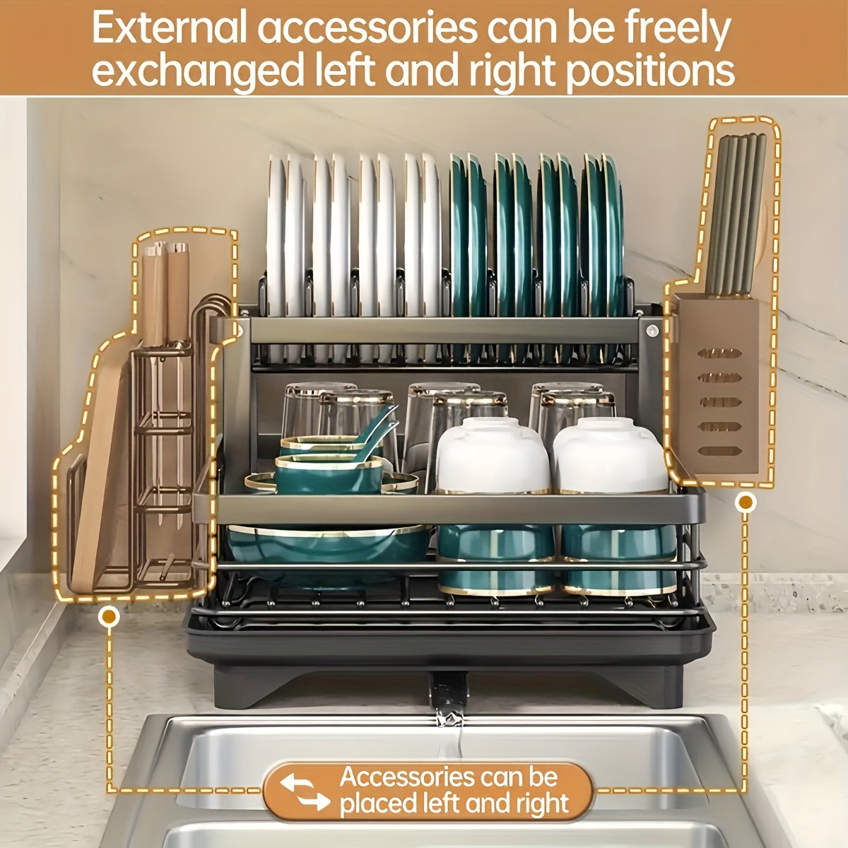 Deluxe 2-Tier Metal Dish Drying Rack - Freestanding Kitchen Rack with Automatic Water Drainage, Bowl and Chopstick Holder, Knife Slot, Board Stand - Rustproof, High Capacity, Easy Cleaning