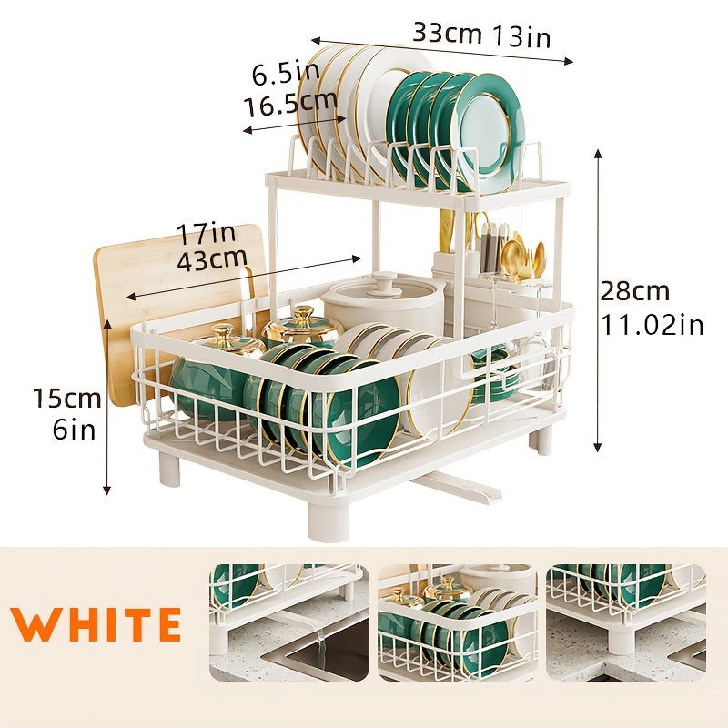 2Tier Large Dish Drying Rack - Rotatable Drain Spout Dish Rack With Drainboard, Utensil Holder, Chopstick Holder Multifunctional Dish Rack For Kitchen Counter