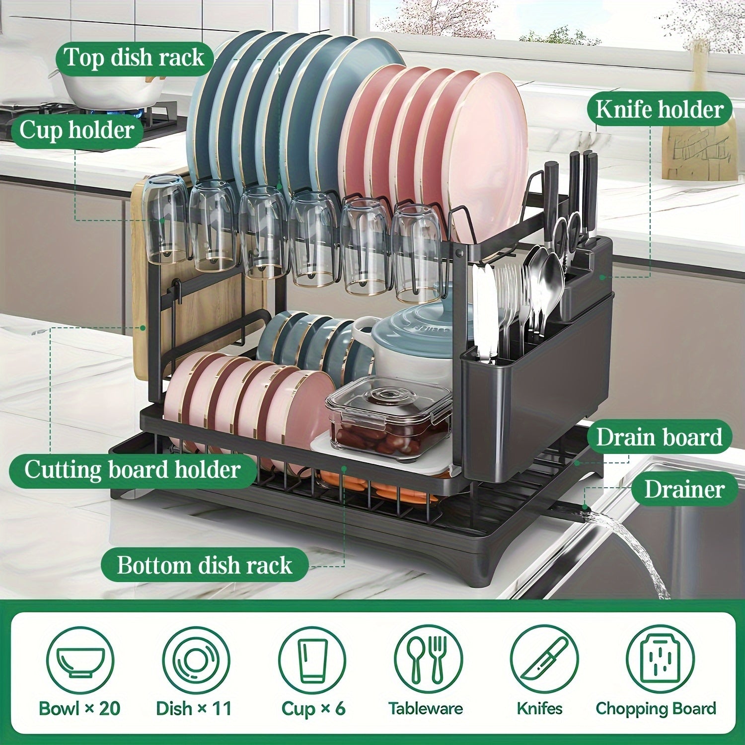 Heavy-Duty Space-Saving Dish Drying Rack - Two-Tier Kitchen Organizer with Draining Board, Sturdy Metal Construction for Plates, Bowls, Cups, Utensils - Compact Countertop Dish Rack for Home & Commercial Kitchens, Sleek Modern Design, Efficient Storage