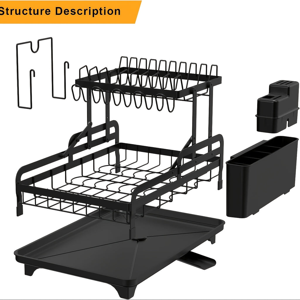 Space-Saving 2-Tier Deluxe Dish Rack Organizer with Easy Drain System, Cutlery and Cup Holders, Black
