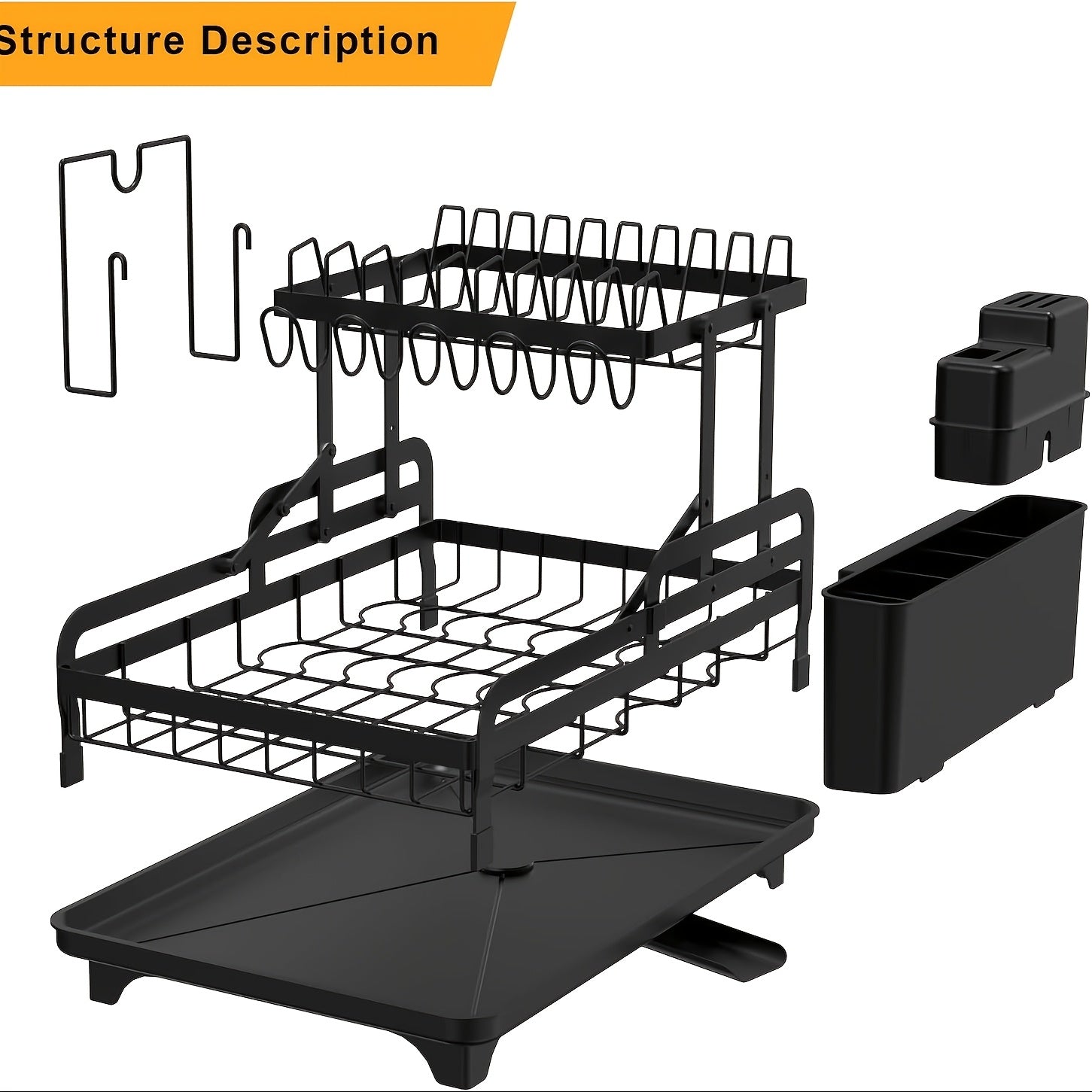 Space-Saving 2-Tier Deluxe Dish Rack Organizer with Easy Drain System, Cutlery and Cup Holders, Black