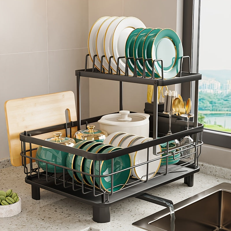 2Tier Large Dish Drying Rack - Rotatable Drain Spout Dish Rack With Drainboard, Utensil Holder, Chopstick Holder Multifunctional Dish Rack For Kitchen Counter