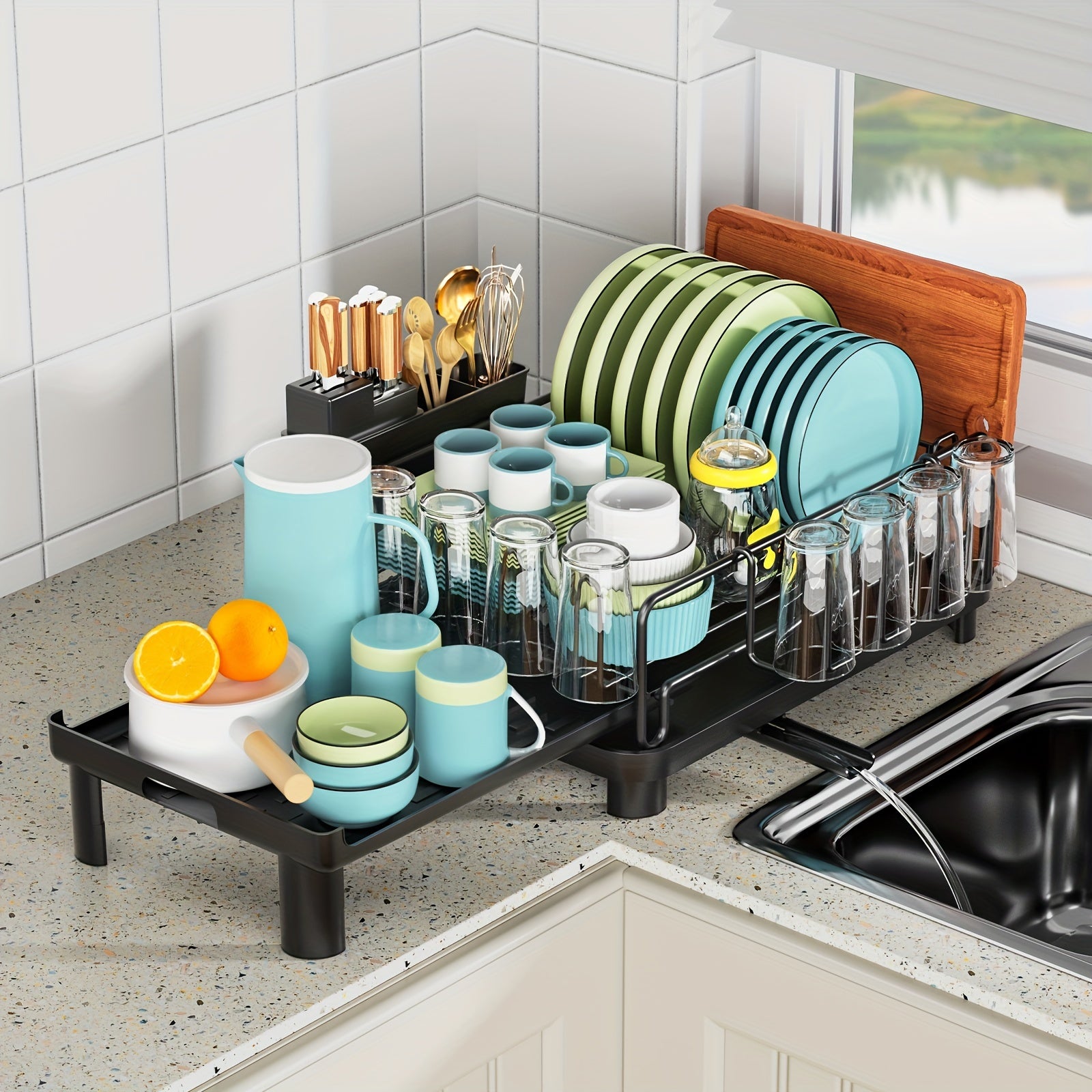 [Retractable Dish Rack] SANDREAM 1pc Multifunctional Retractable Dish Draining Rack | Anti-Rust Plastic & Metal Kitchen Organizer with Cutlery & Cup Holders, Space-Saving Countertop Drying Mat for Modern Homes, Sturdy Construction, Dish Drying Rack
