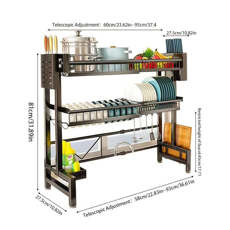 MIKEE Adjustable Over The Sink Dish Drying Rack - 2-Tier Space-Saving Kitchen Organizer with Multifunctional Baskets, Durable Plastic & Carbon Steel Construction, Black, Over Sink Storage | Sleek Black Rack | Innovative Design