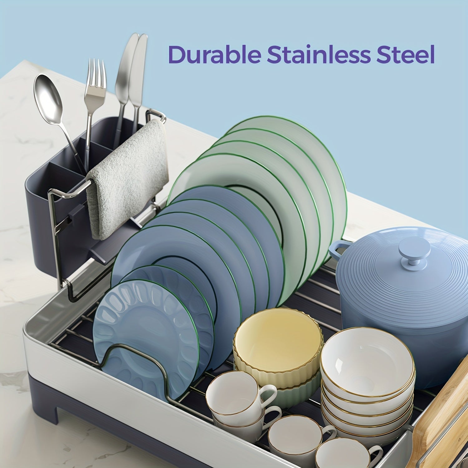 [Stainless Steel Dish Rack] Stainless Steel Dish Drying Rack, 12.5 X 22.5in | Gray, Black, Fingerprint-Resistant, Rotatable Spout, Drainboard, Utensil, Cup, Glass, Cutting Board, Pan Holders